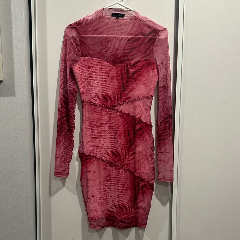 GUESS Jemma Print Mesh Long Sleeve Body-Con Small pink